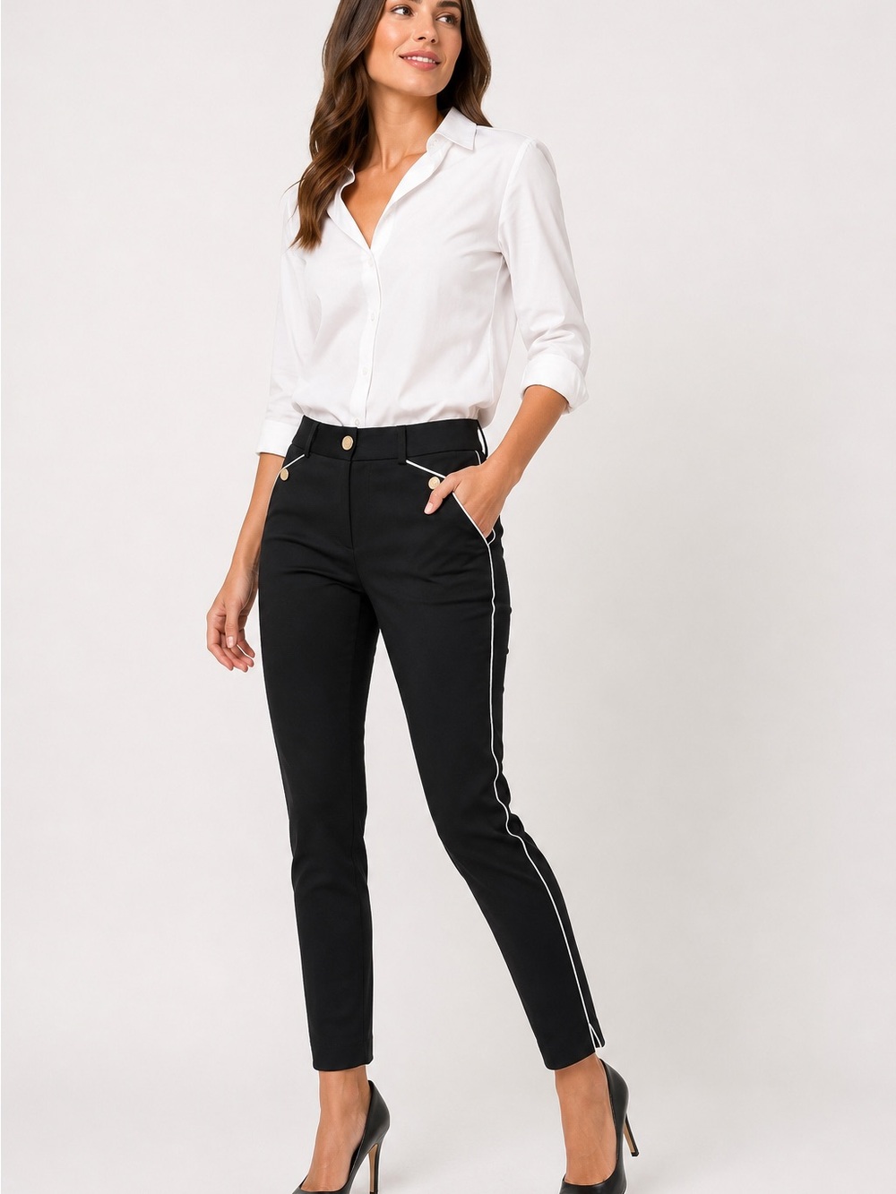Ivanka Trump Black Ankle Pants White Contrast Piping Gold Buttons Size 4